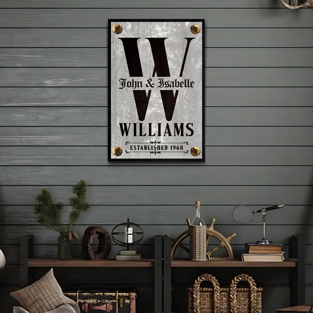 Family name portrait monogram sign III canvas with bold black W and John & Isabelle Williams on Tampa Home & Garden Store