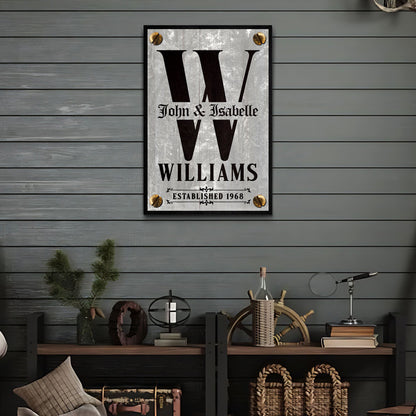 Family name portrait monogram sign III canvas with bold black W and John & Isabelle Williams on Tampa Home & Garden Store
