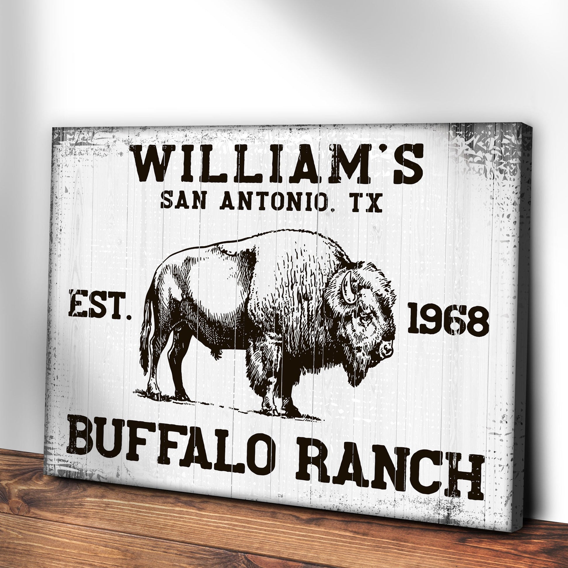 Buffalo Ranch Sign II canvas by Tailored Canvases with black typography on whitewashed panel on Tampa Home & Garden Store

