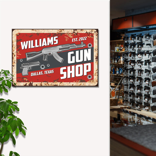 Gun Shop Sign II canvas by Tailored Canvases red distressed vintage sign with gun illustrations on Tampa Home & Garden Store