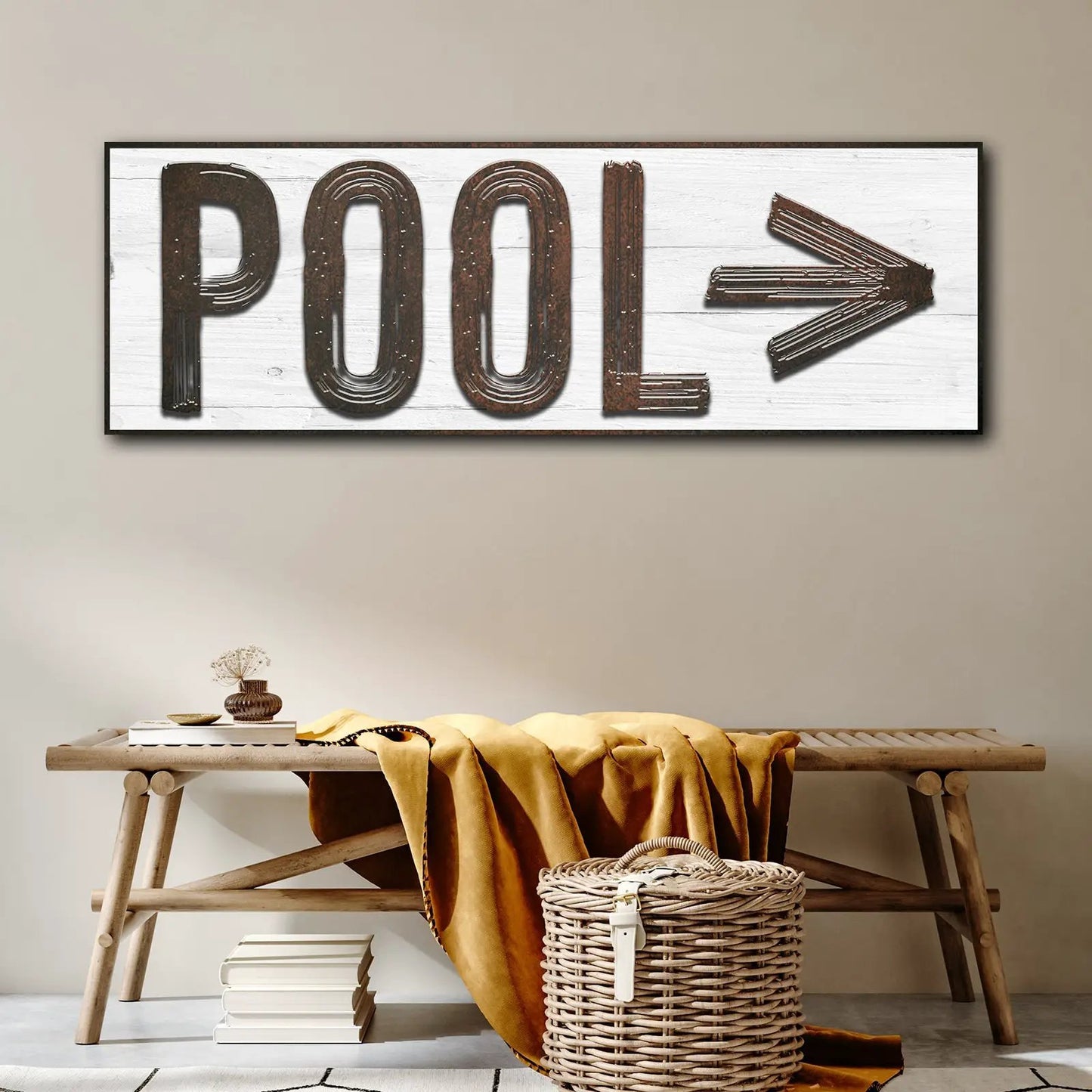 Pool Arrow Sign canvas by Tailored Canvases with rustic brown lettering on whitewashed wood on Tampa Home & Garden Store