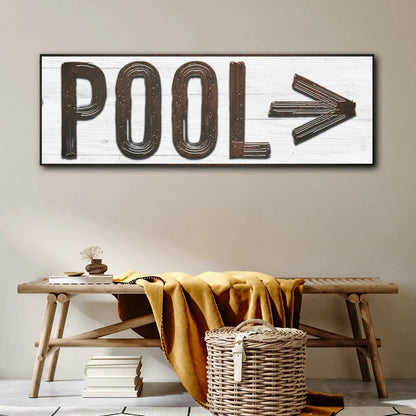 Pool Arrow Sign canvas by Tailored Canvases with rustic brown lettering on whitewashed wood on Tampa Home & Garden Store