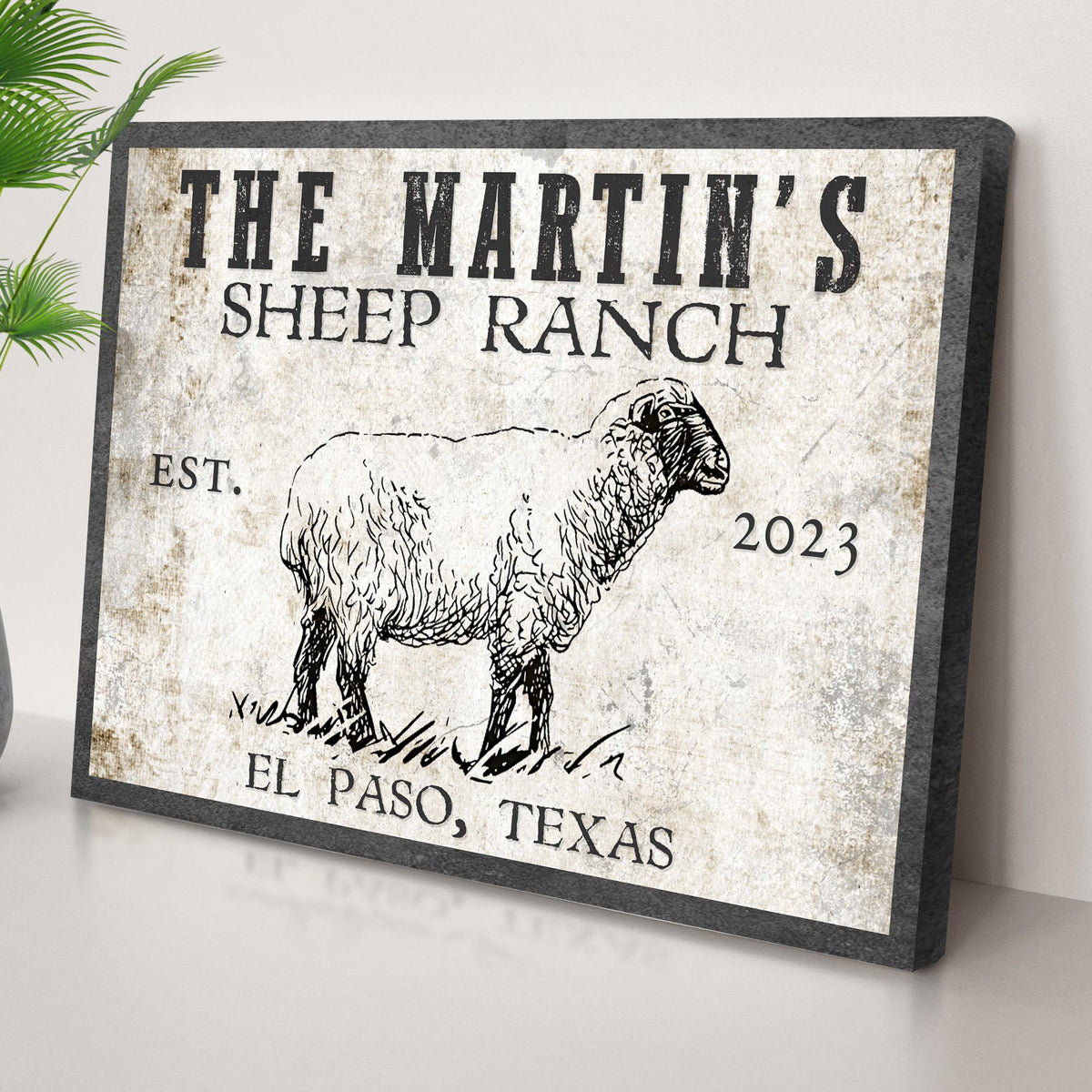 Sheep Ranch Sign II canvas with weathered parchment and bold vintage type plus a sheep sketch on Tampa Home & Garden Store