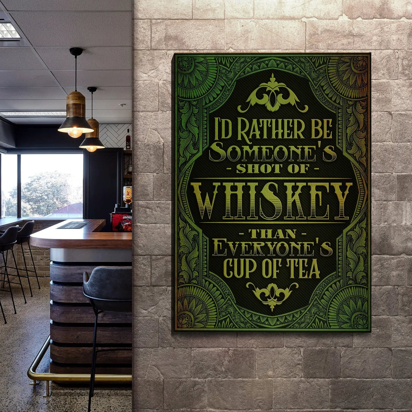 Whiskey Sign canvas by Tailored Canvases with green ornate border and gold lettering on Tampa Home & Garden Store
