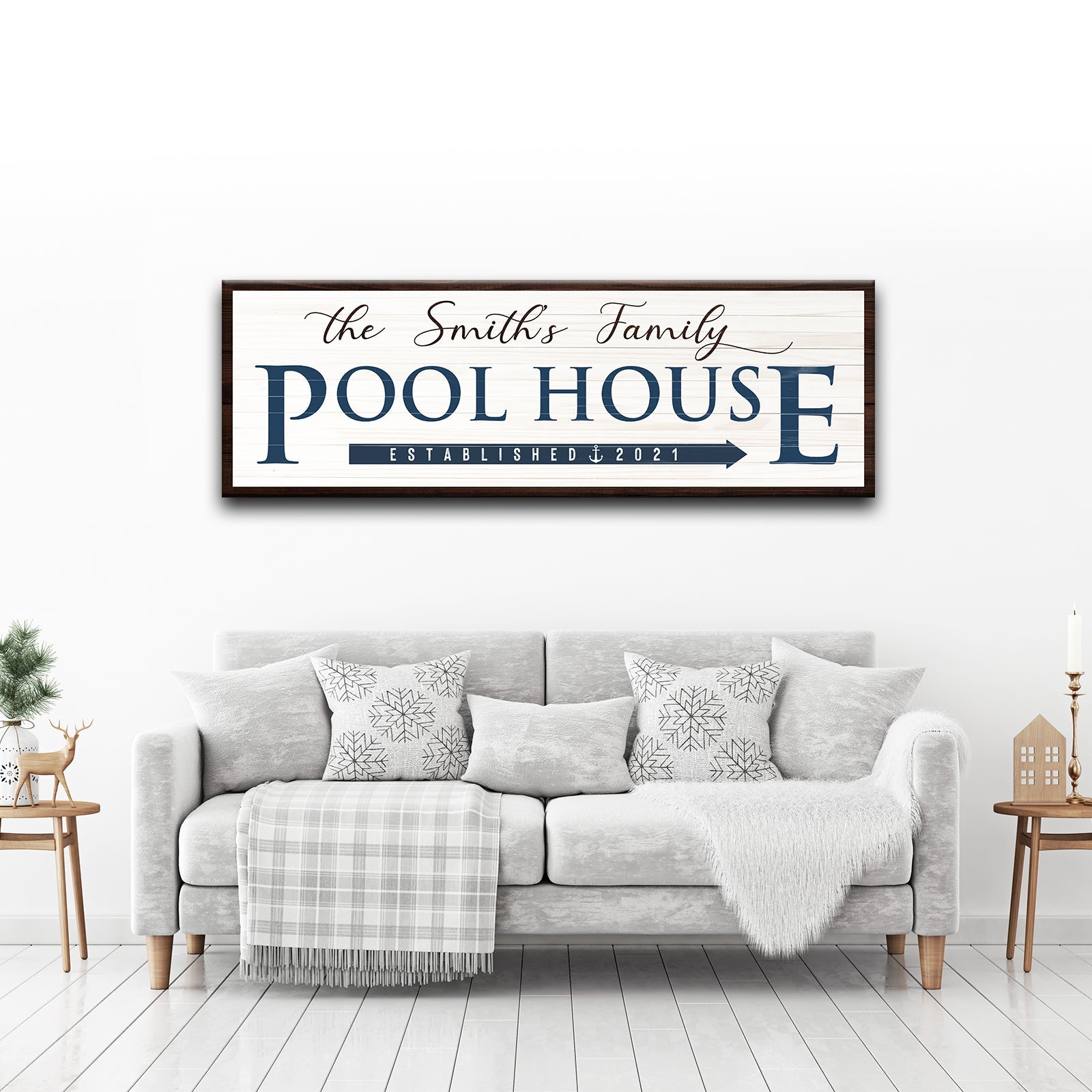 Family Pool House Sign canvas wall art with navy text on white wood panel framed in dark brown on Tampa Home & Garden Store
