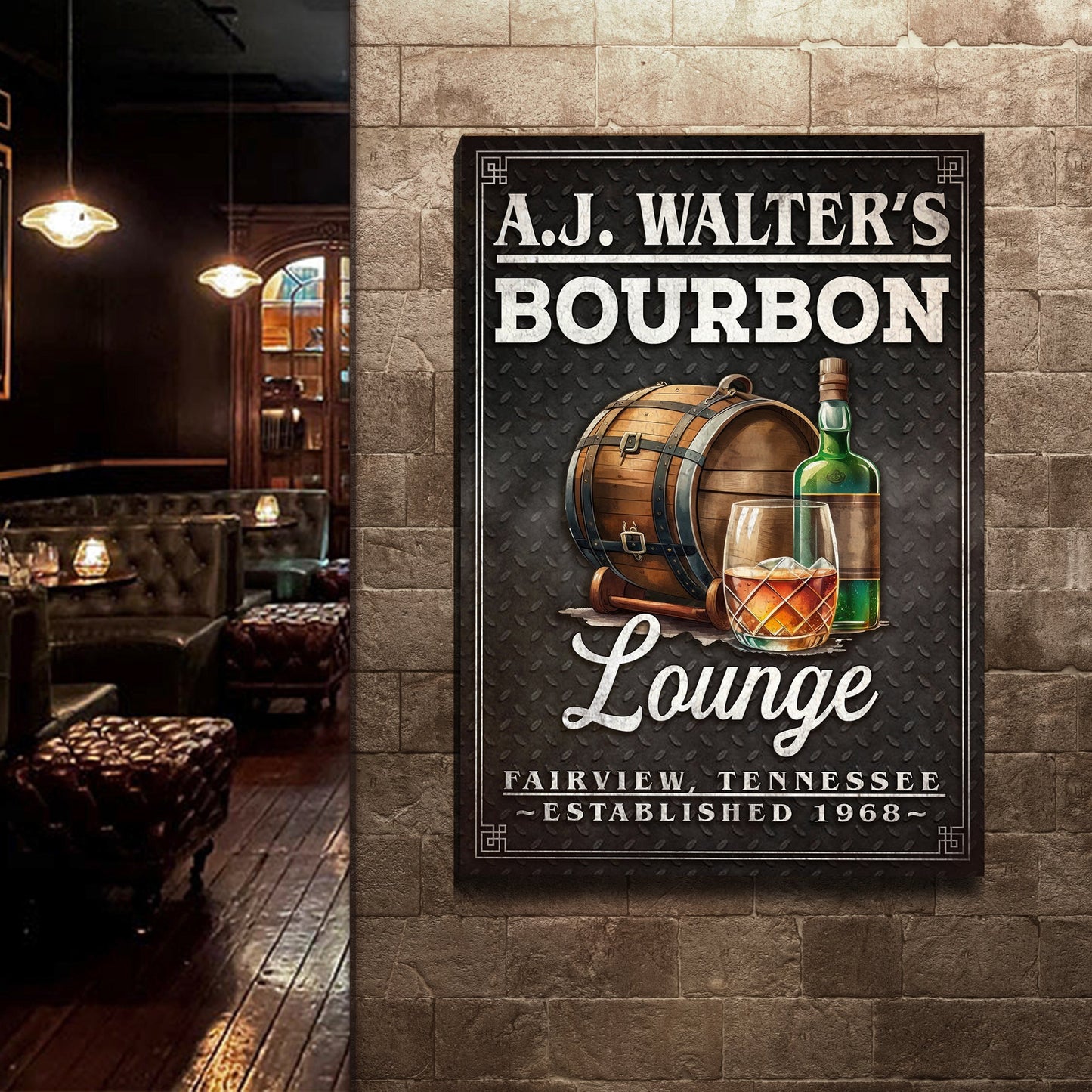 Bourbon Lounge Sign canvas by Tailored Canvases; whiskey barrel and bottle on black panel on Tampa Home & Garden Store