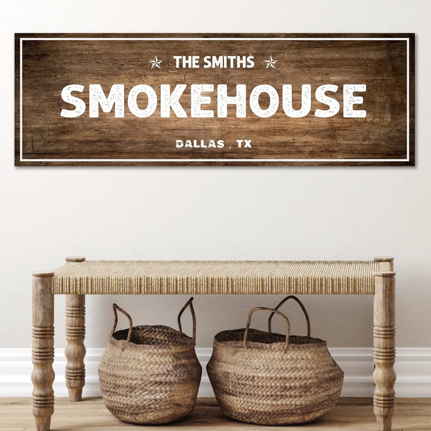 Smokehouse Sign canvas by Tailored Canvases with rustic wood grain and bold white type Dallas TX on Tampa Home & Garden Store