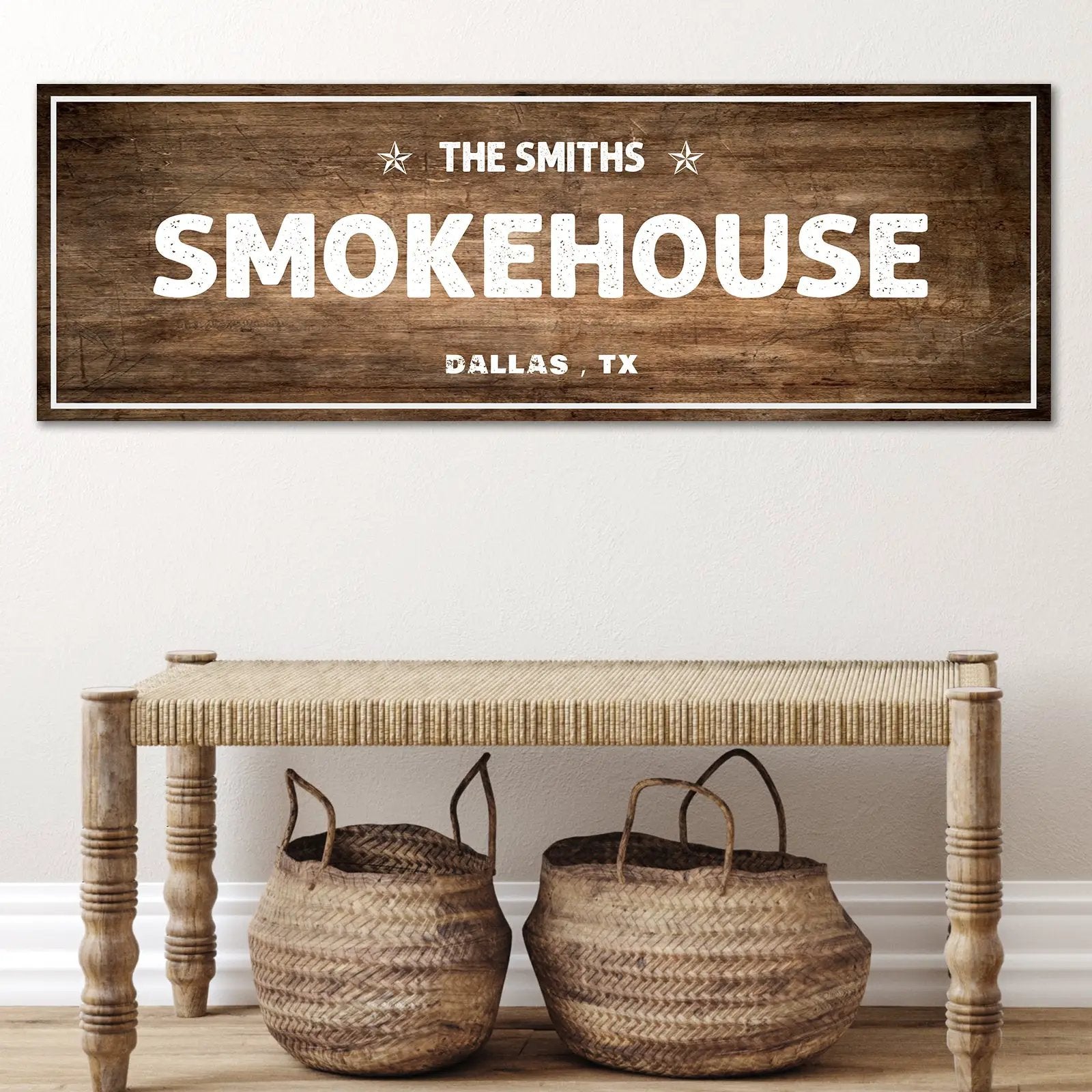 Smokehouse Sign canvas by Tailored Canvases with rustic wood grain and bold white type Dallas TX on Tampa Home & Garden Store