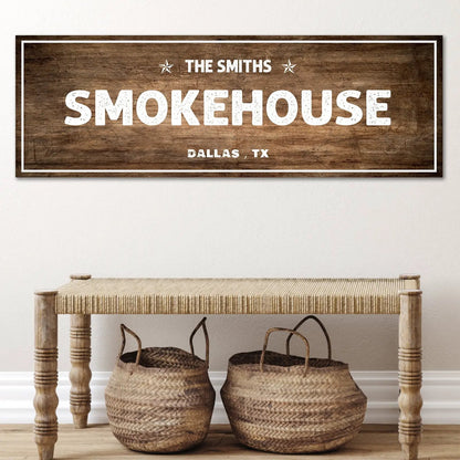 Smokehouse Sign canvas by Tailored Canvases with rustic wood grain and bold white type Dallas TX on Tampa Home & Garden Store