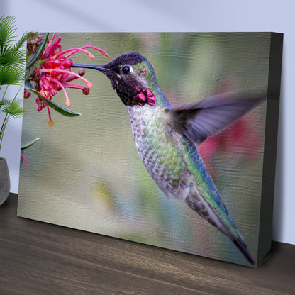 Hummingbird Spring Canvas Wall Art by Tailored Canvases, iridescent hummingbird with pink blossoms on canvas on Tampa Home & Garden Store