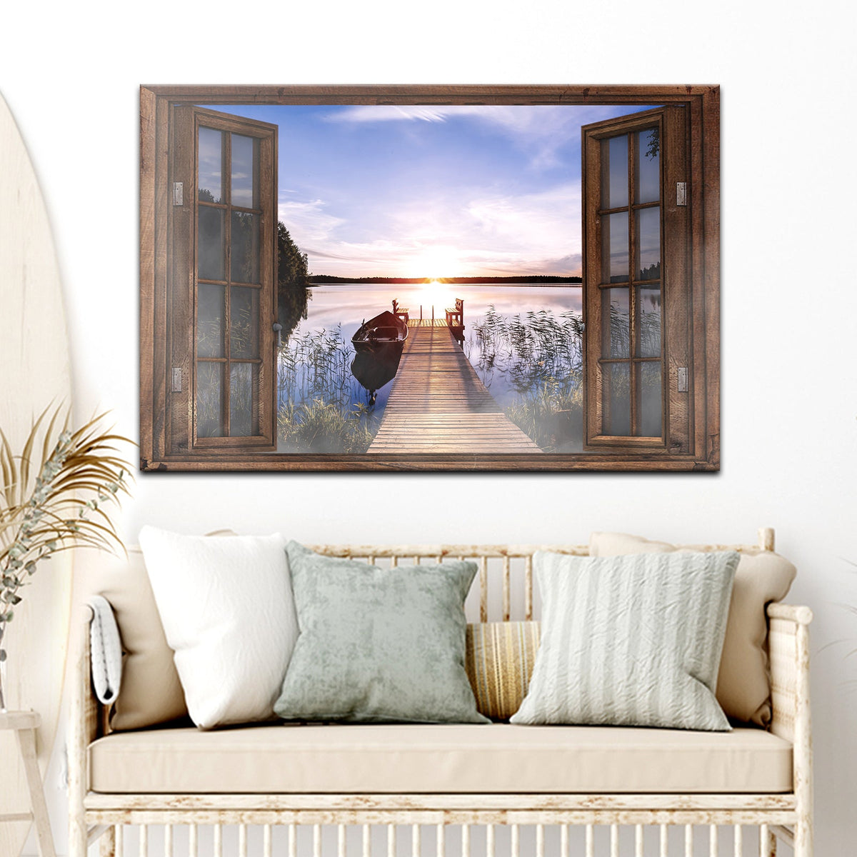 Calming Lake Scenery Canvas Wall Art open-door wood frame with sunset over lake and dock boat on Tampa Home & Garden Store