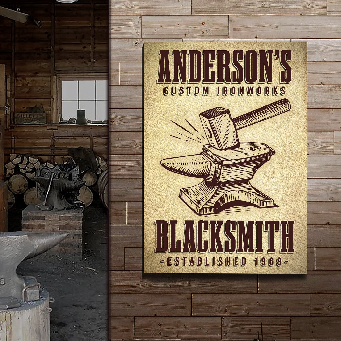 Canvas sign Anderson's Custom Ironworks with hammer and anvil on rustic wood on Tampa Home & Garden Store