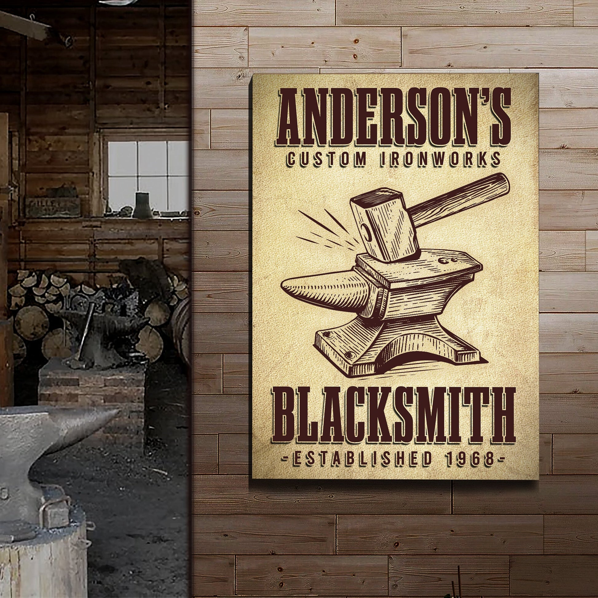 Canvas sign Anderson's Custom Ironworks with hammer and anvil on rustic wood on Tampa Home & Garden Store