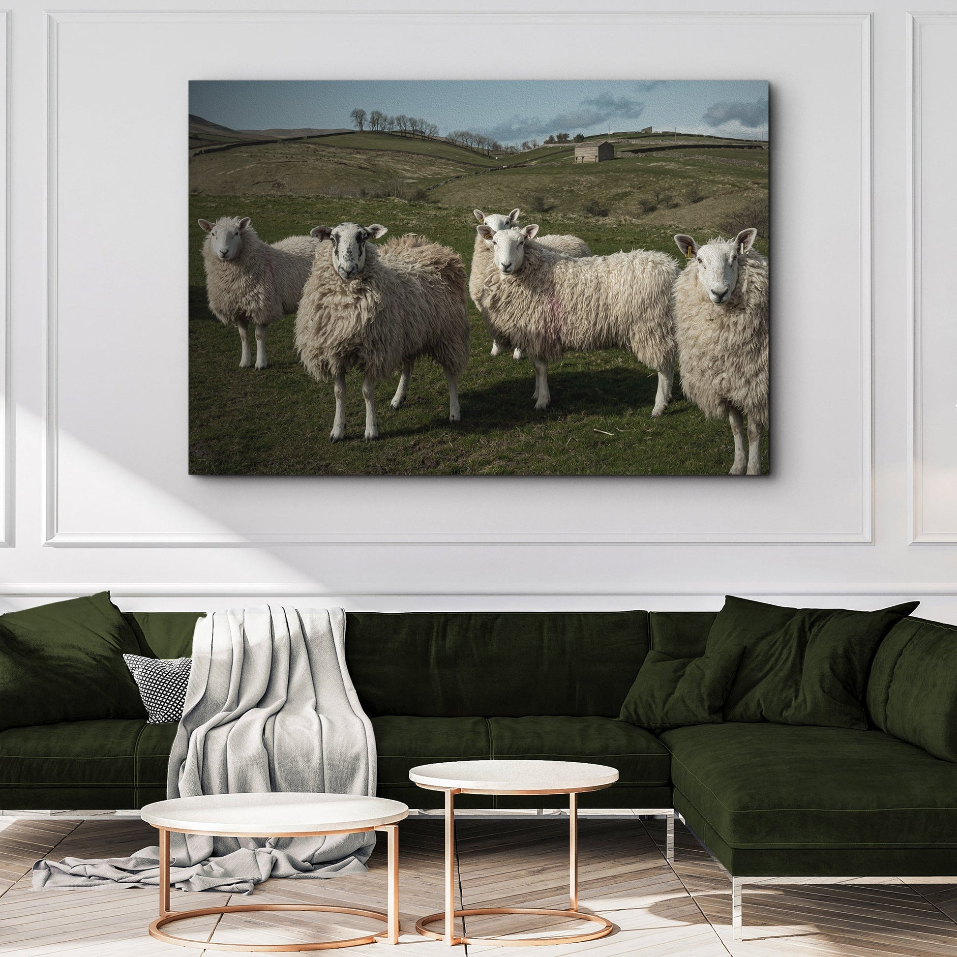 Flock Of Sheep canvas wall art with white sheep in green hillside pasture under blue sky on Tampa Home & Garden Store