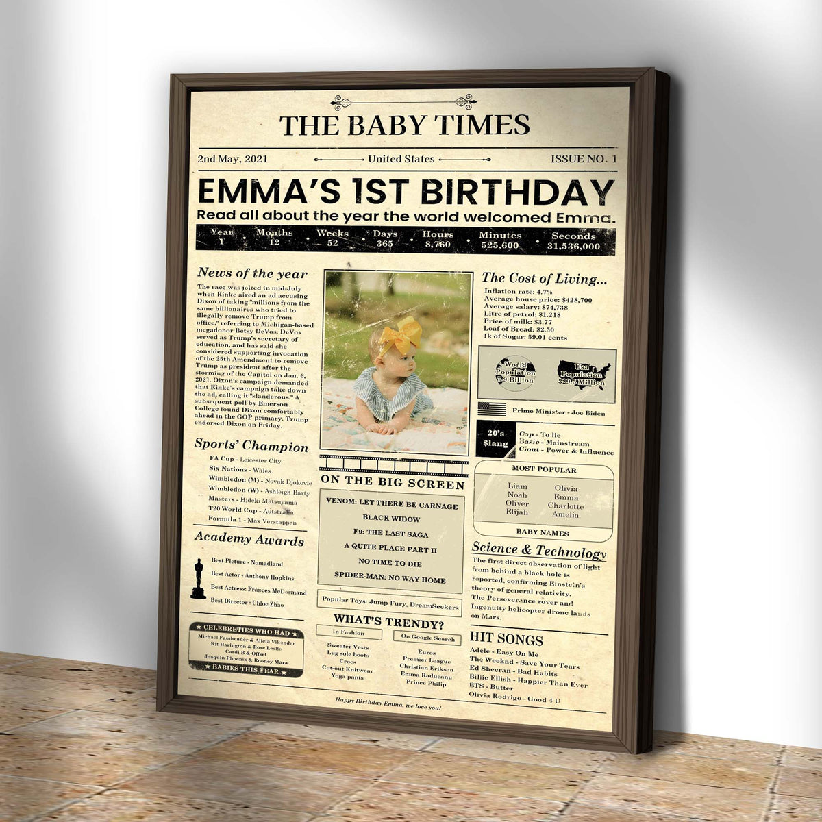 Canvas sign The Baby Times framed in brown wood with vintage newspaper design Tailored Canvases on Tampa Home & Garden Store