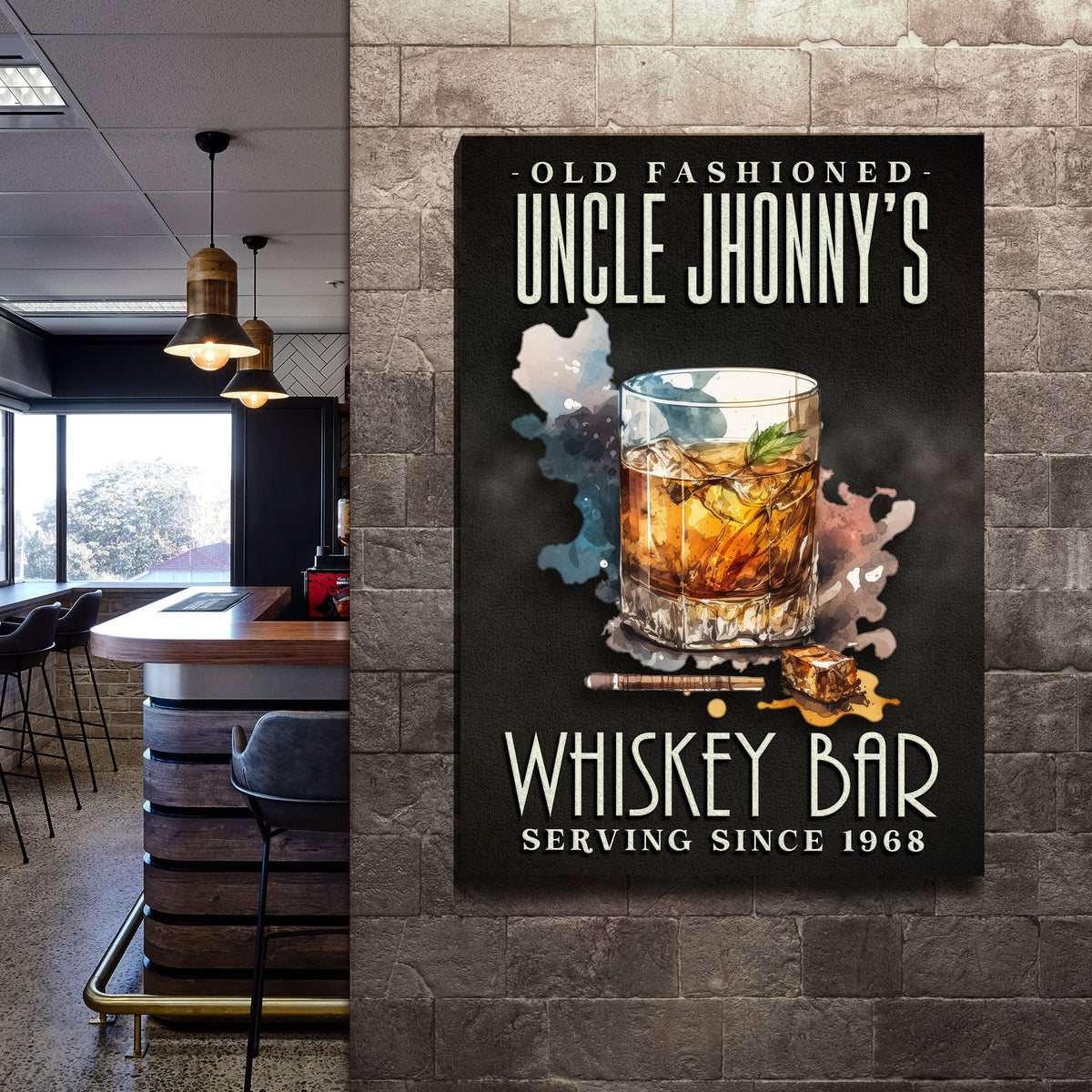 Old Fashioned Whiskey Bar Sign canvas, black with cream lettering and whiskey glass on Tampa Home & Garden Store