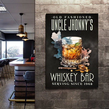Old Fashioned Whiskey Bar Sign canvas, black with cream lettering and whiskey glass on Tampa Home & Garden Store