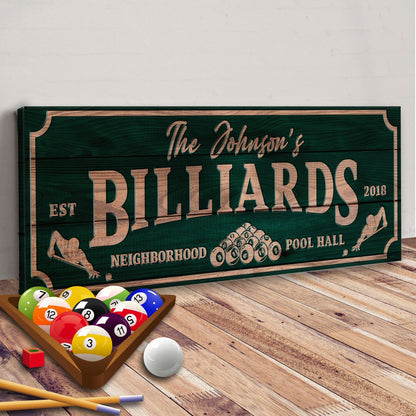 Canvas sign Neighborhood Pool Hall Billiards by Tailored Canvases with green woodgrain lettering on Tampa Home & Garden Store