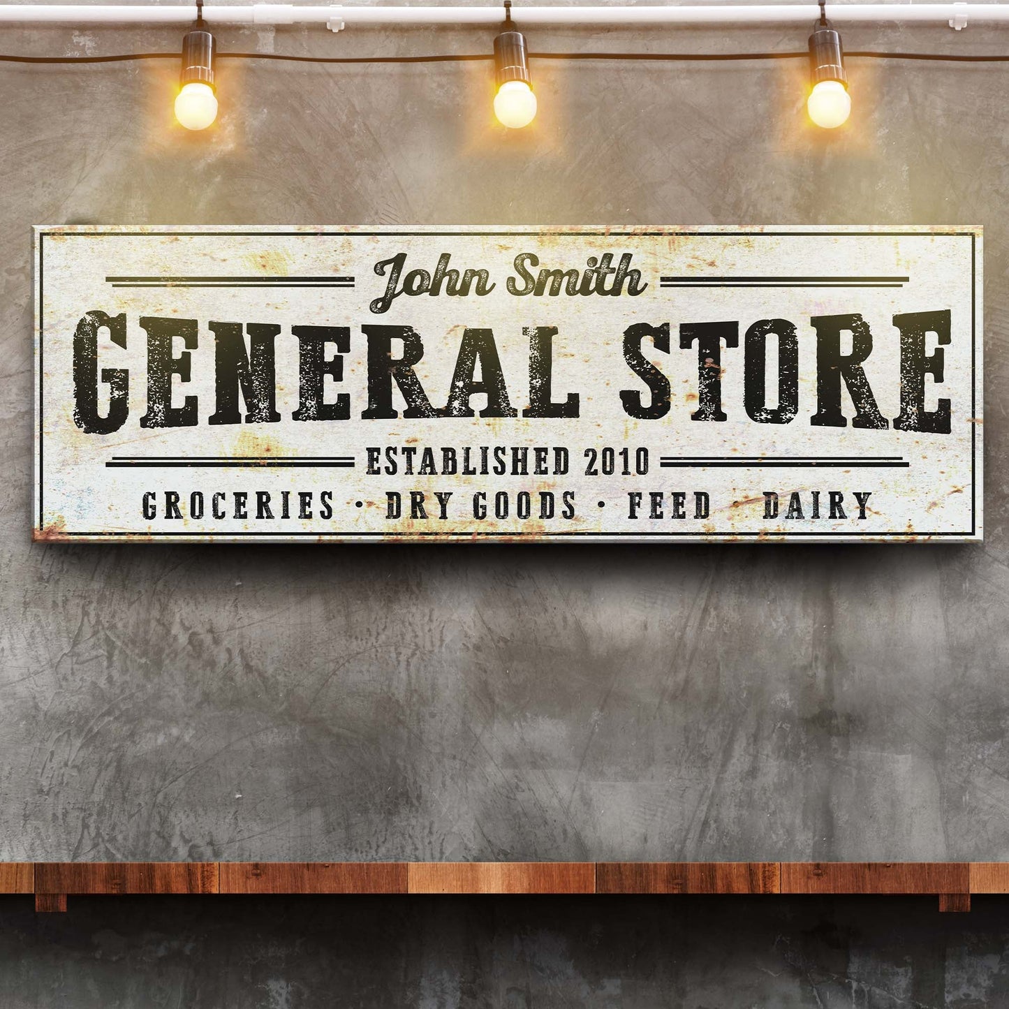Tailored Canvases rustic General Store sign canvas with distressed print John Smith and large GENERAL STORE text on Tampa Home & Garden Store