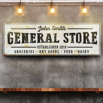 Tailored Canvases rustic General Store sign canvas with distressed print John Smith and large GENERAL STORE text on Tampa Home & Garden Store