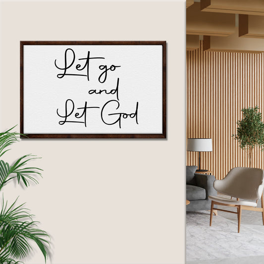 Let go And Let God Sign canvas by Tailored Canvases with dark wood frame on white background on Tampa Home & Garden Store