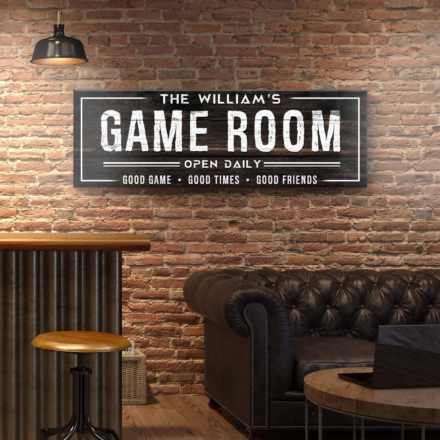Game Room Dark Wood Sign canvas by Tailored Canvases on brick wall on Tampa Home & Garden Store
