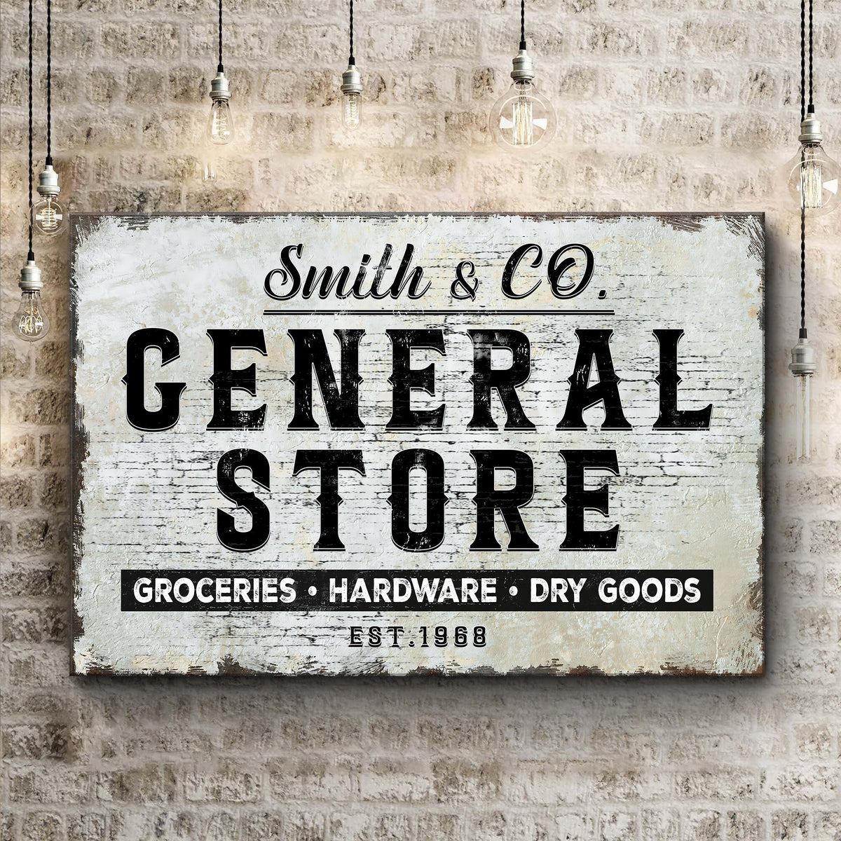 General Store sign canvas with distressed wood and black lettering Tailored Canvases on Tampa Home & Garden Store