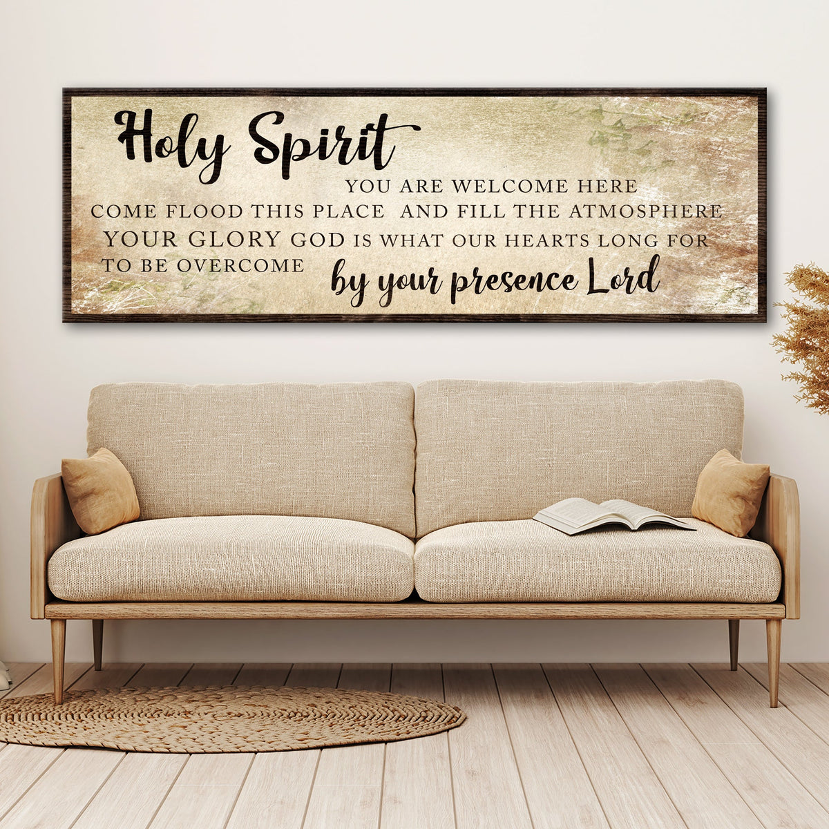 Canvas sign Holy Spirit You Are Welcome Here Sign VI beige with dark wood frame on Tampa Home & Garden Store