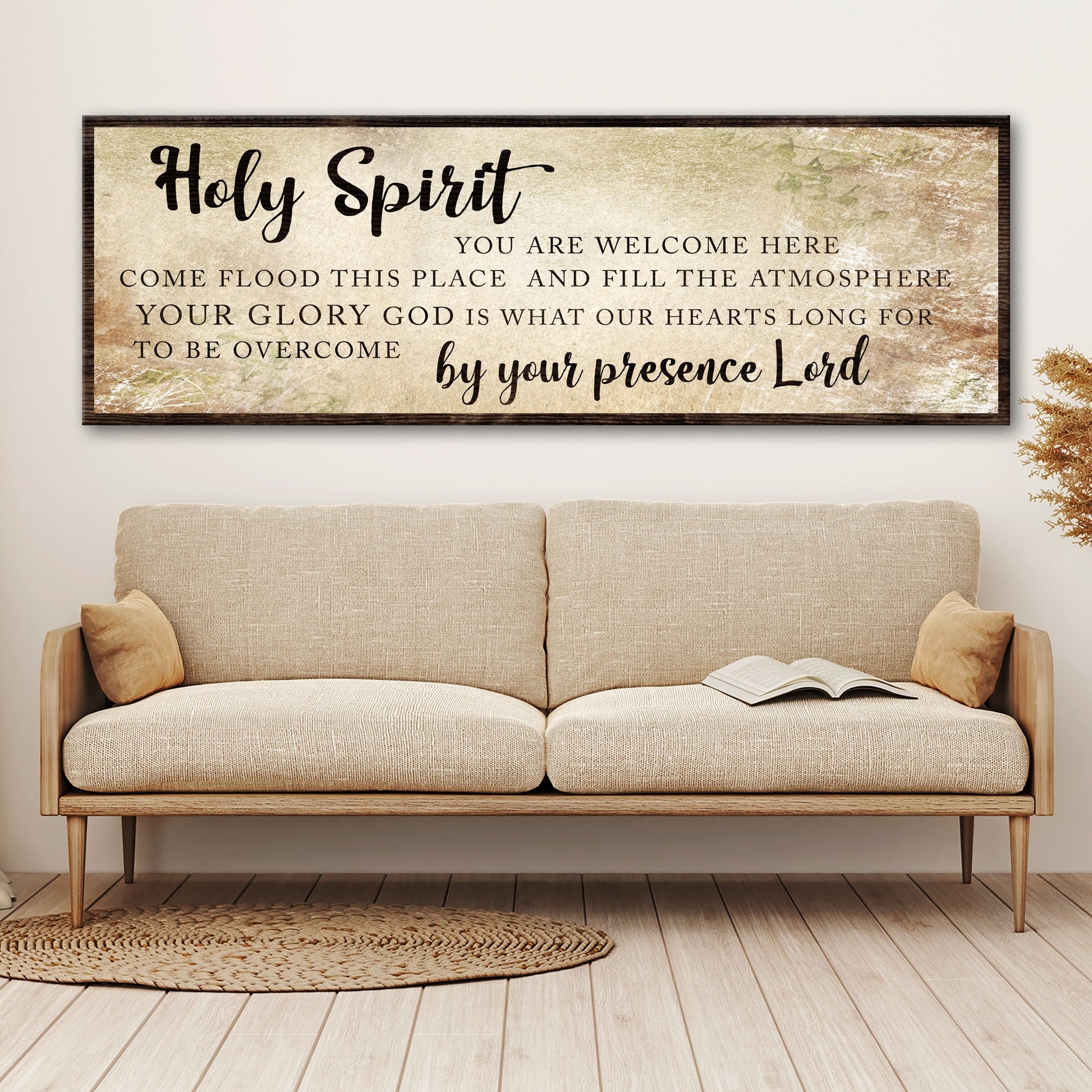 Canvas sign Holy Spirit You Are Welcome Here Sign VI beige with dark wood frame on Tampa Home & Garden Store