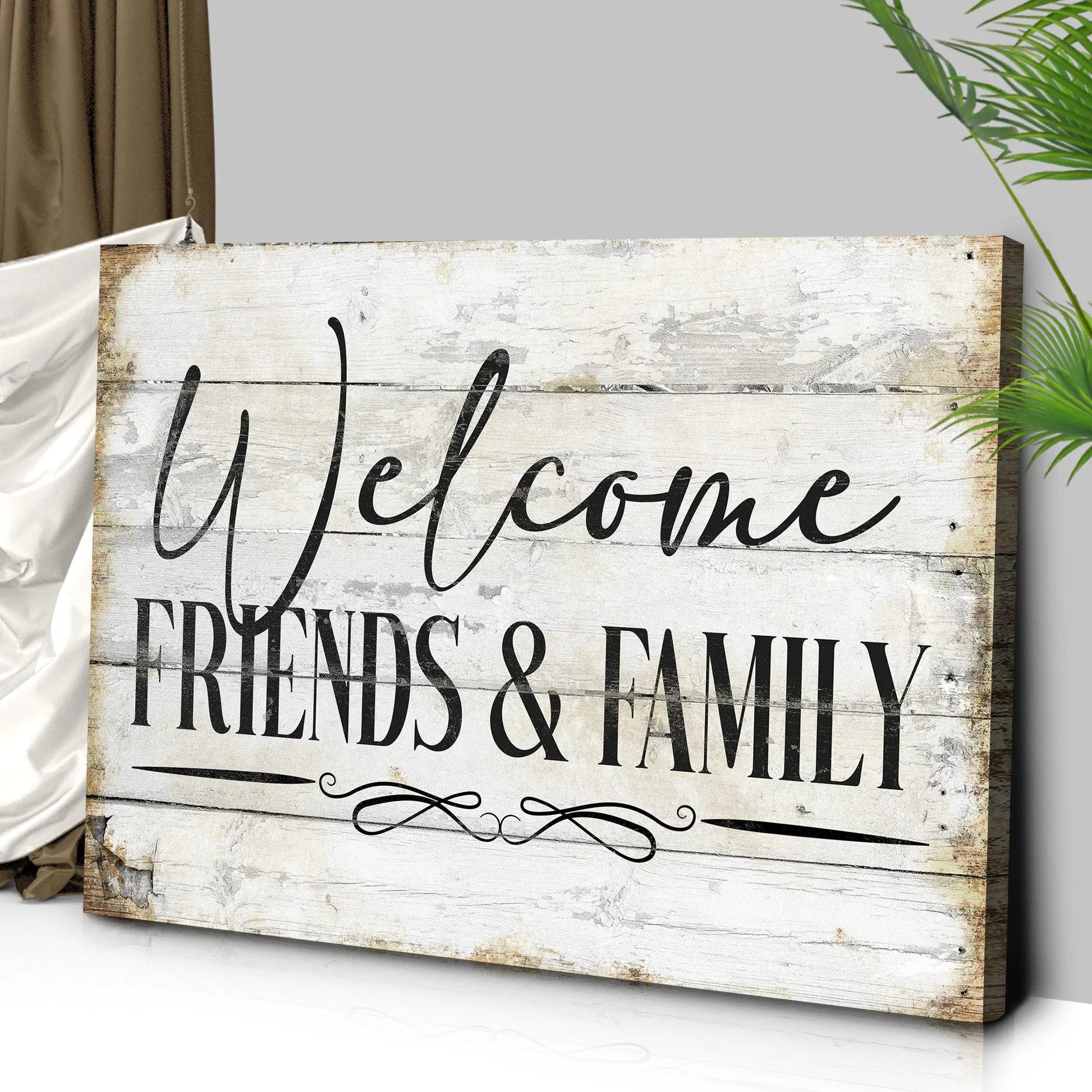 Canvas Welcome Friends & Family Sign with whitewashed wood and black script by Tailored Canvases on Tampa Home & Garden Store