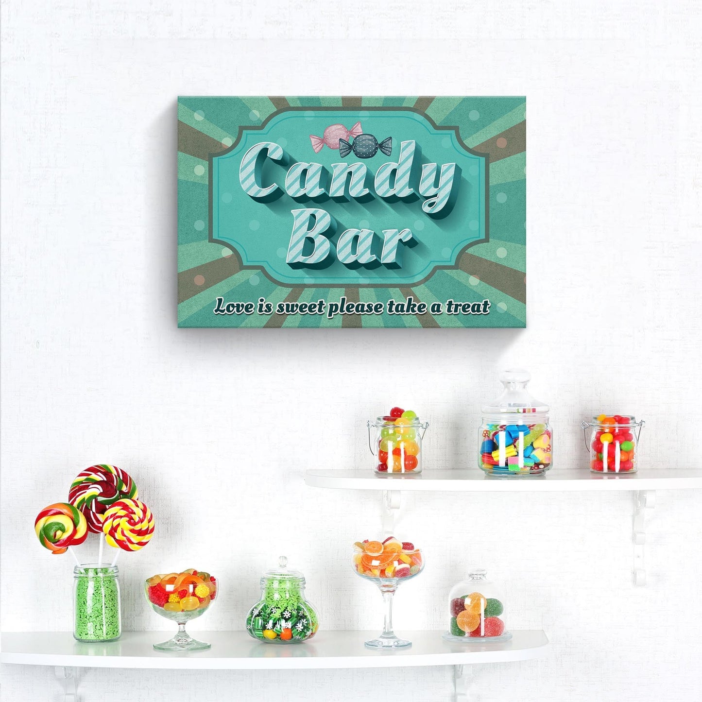 Love Is Sweet Take A Treat Candy Bar Sign III canvas with teal border and candy graphics on Tampa Home & Garden Store
