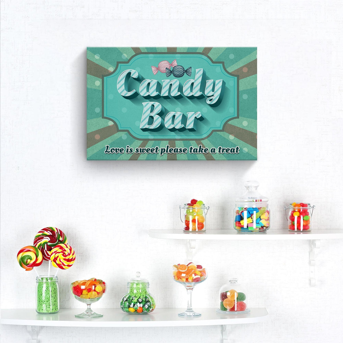 Love Is Sweet Take A Treat Candy Bar Sign III canvas with teal border and candy graphics on Tampa Home & Garden Store