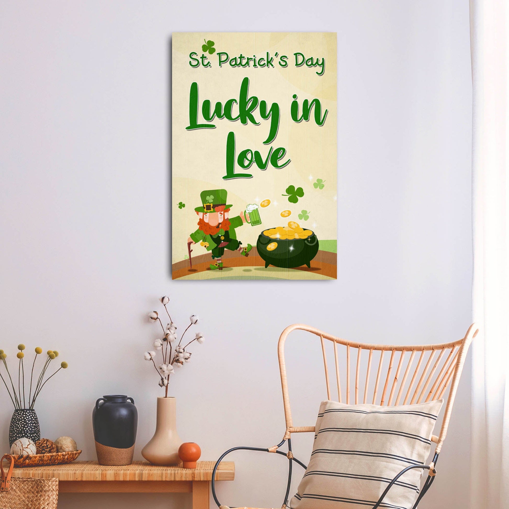 St Patrick's Day Lucky in Love canvas sign by Tailored Canvases with green text and shamrocks on Tampa Home & Garden Store