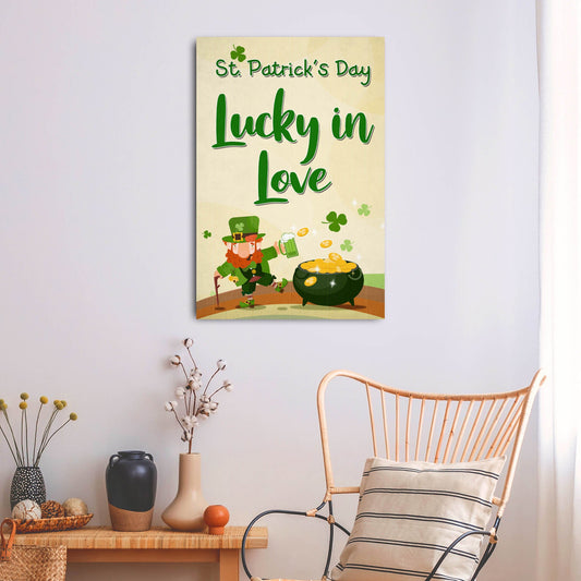 St Patrick's Day Lucky in Love canvas sign by Tailored Canvases with green text and shamrocks on Tampa Home & Garden Store