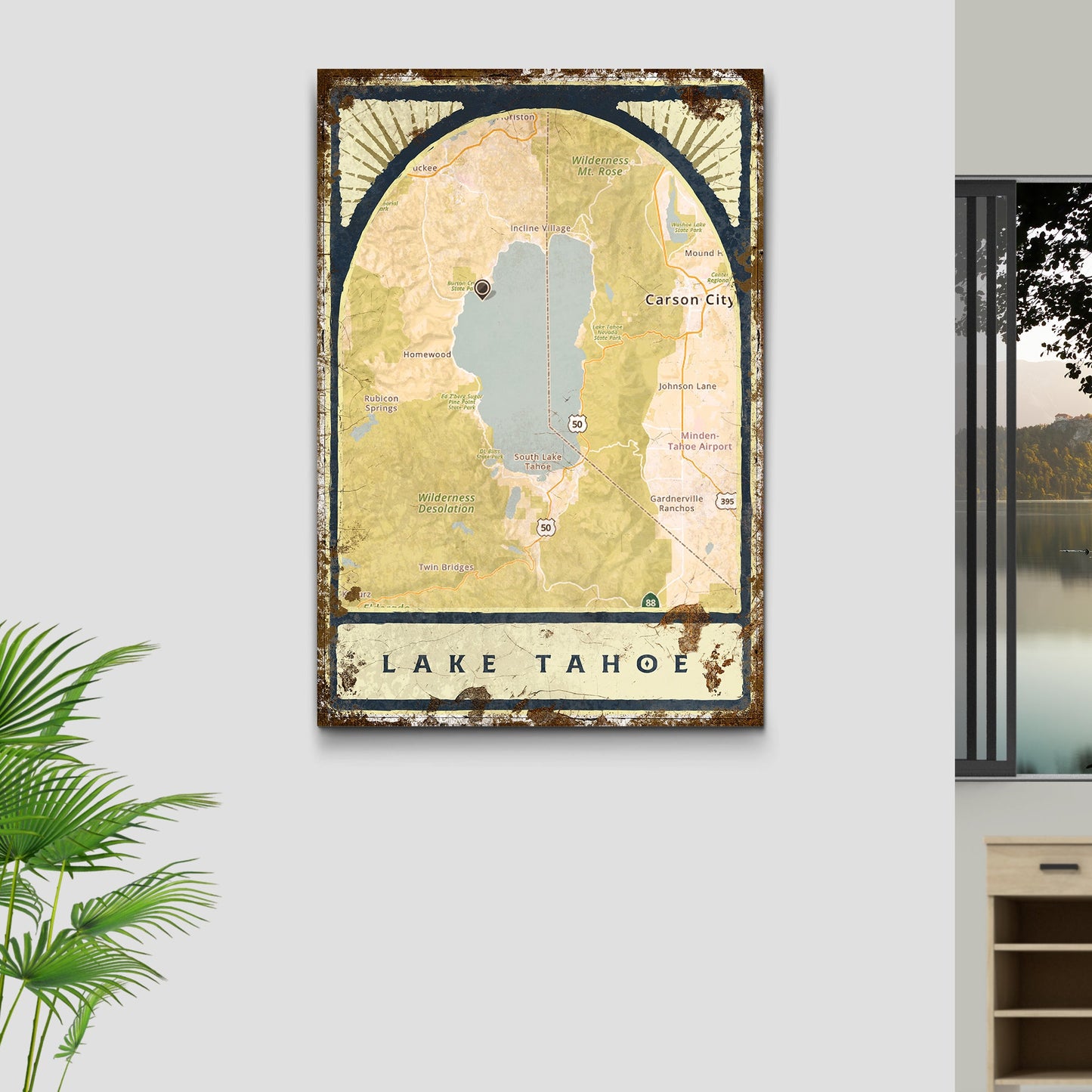 Lake Map Portrait Sign Canvas with vintage map print, rustic frame Tailored Canvases on Tampa Home & Garden Store
