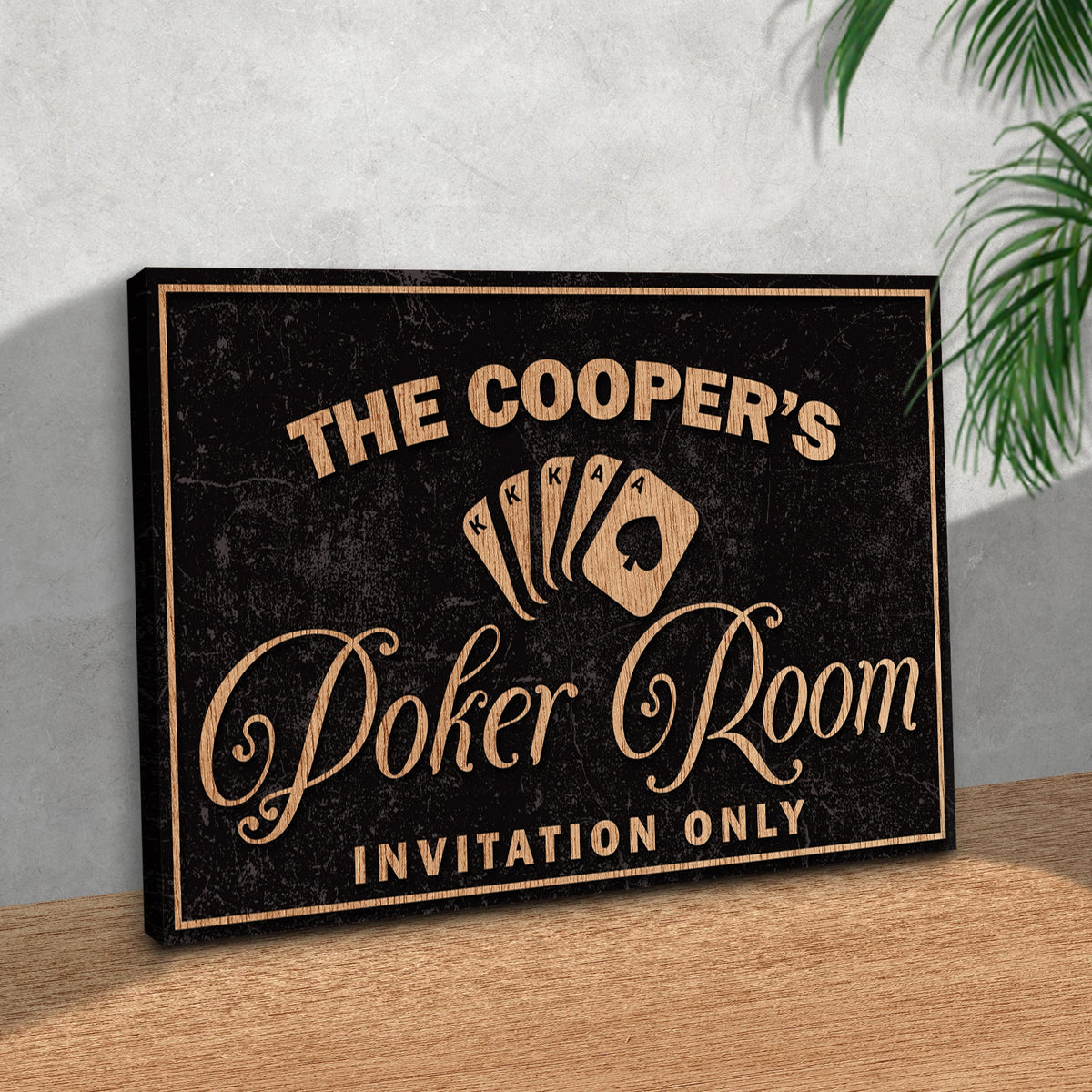 Invitation Only Poker Room Canvas by Tailored Canvases copper lettering on black surface on Tampa Home & Garden Store