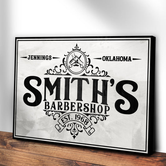 Barbershop Sign IV canvas by Tailored Canvases with black typography and crest on white backdrop on Tampa Home & Garden Store