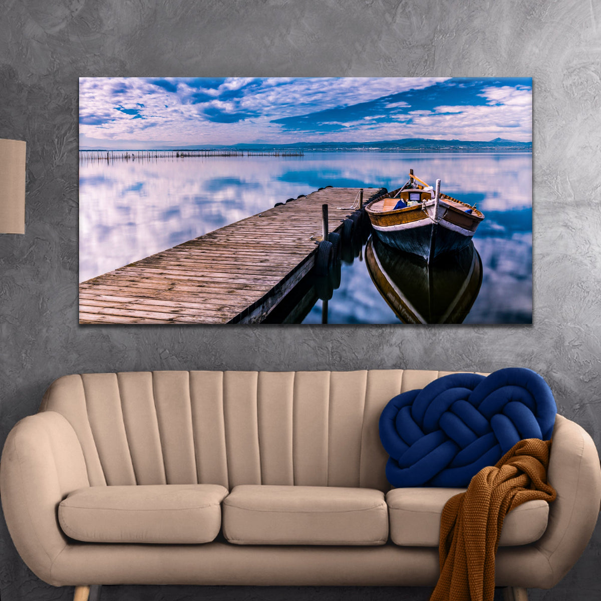 Boat Seascape Canvas Wall Art featuring a wooden dock, moored boat, and calm blue water on Tampa Home & Garden Store