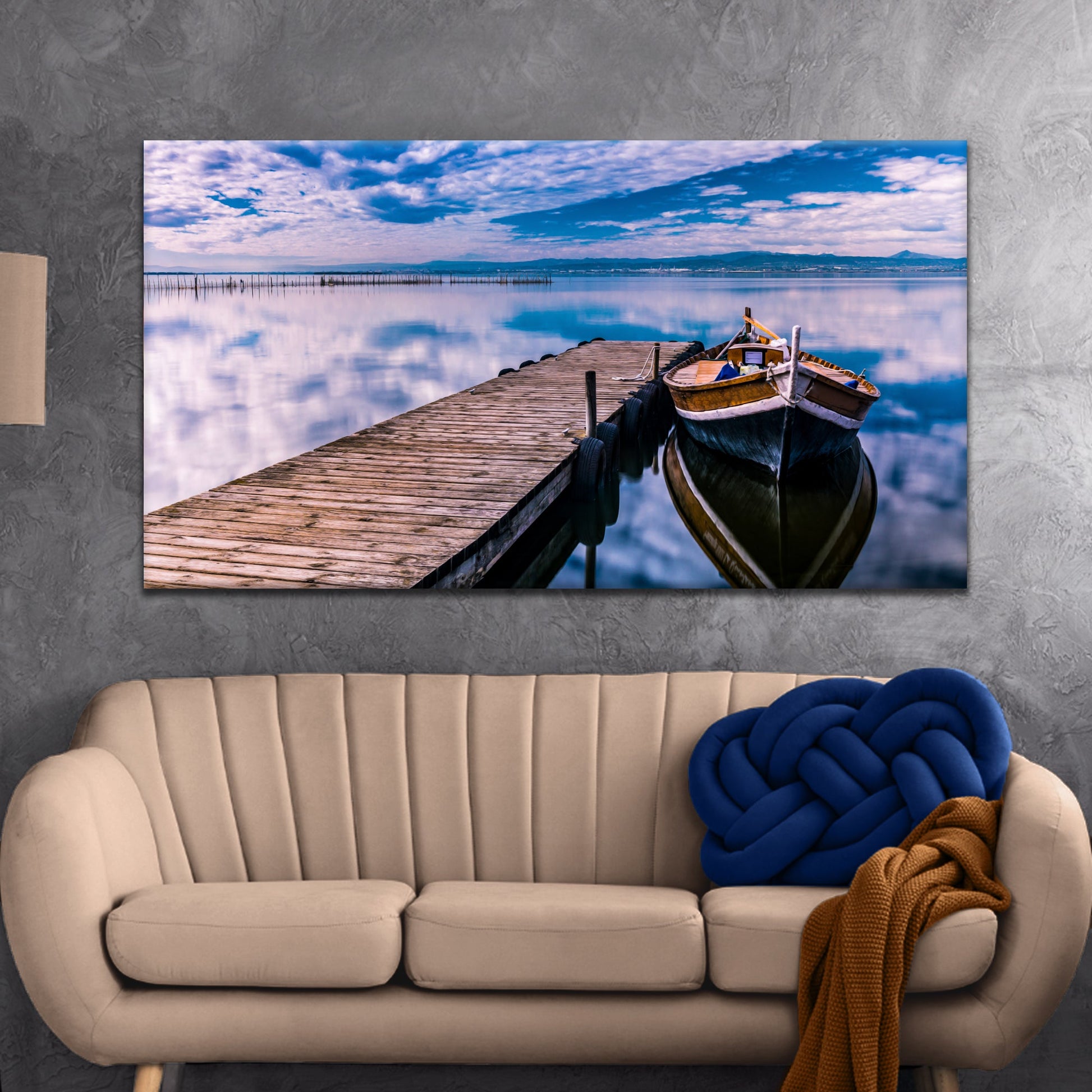 Boat Seascape Canvas Wall Art featuring a wooden dock, moored boat, and calm blue water on Tampa Home & Garden Store