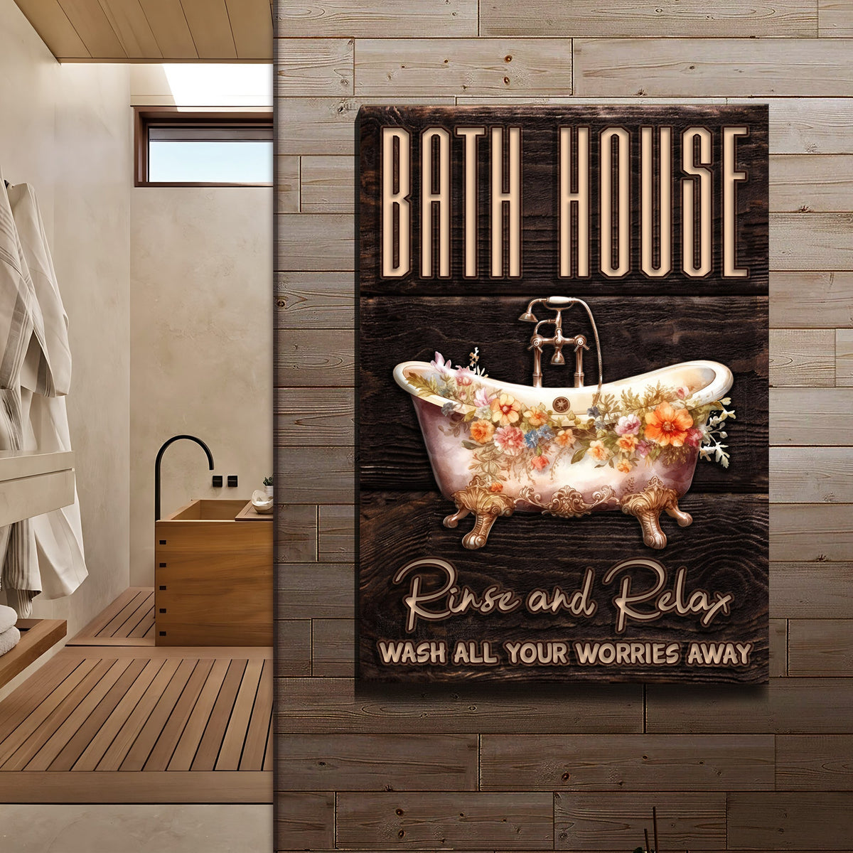 Rinse And Relax Bath House Sign canvas by Tailored Canvases, wood panel with beige lettering on Tampa Home & Garden Store