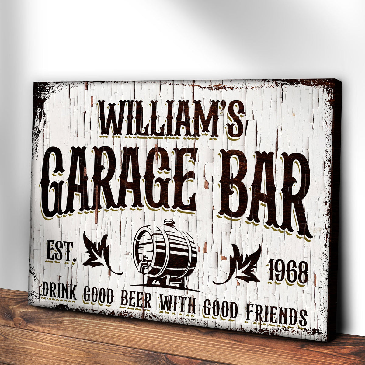 Garage Bar rustic wood sign on white canvas with bold brown lettering Drink beer on Tampa Home & Garden Store