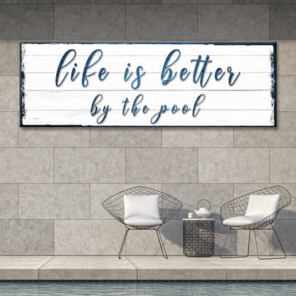 Life Is Better By The Pool Sign canvas with white wood planks and blue script by Tailored Canvases on Tampa Home & Garden Store
