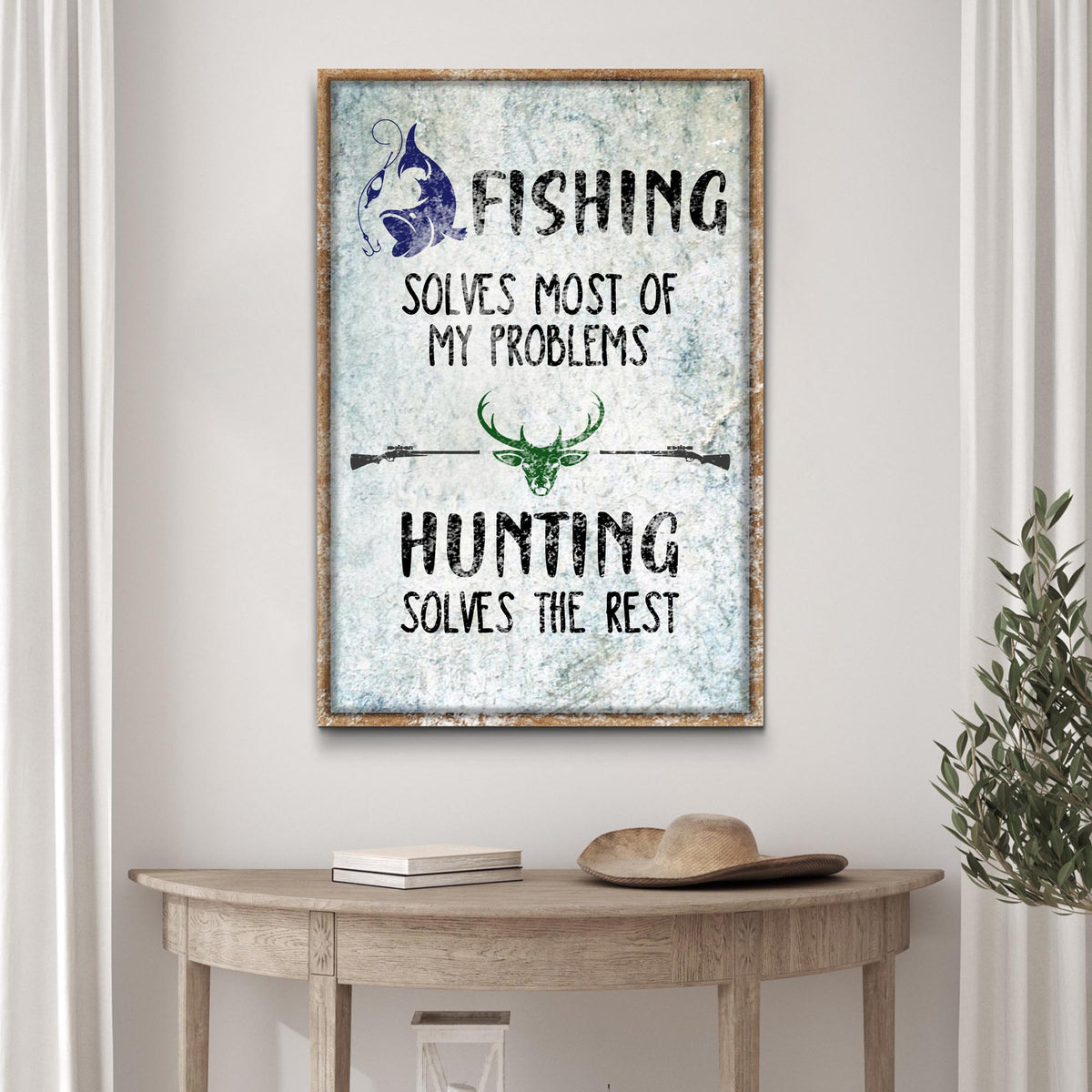 Fishing and Hunting Sign canvas with distressed blue background on Tampa Home & Garden Store