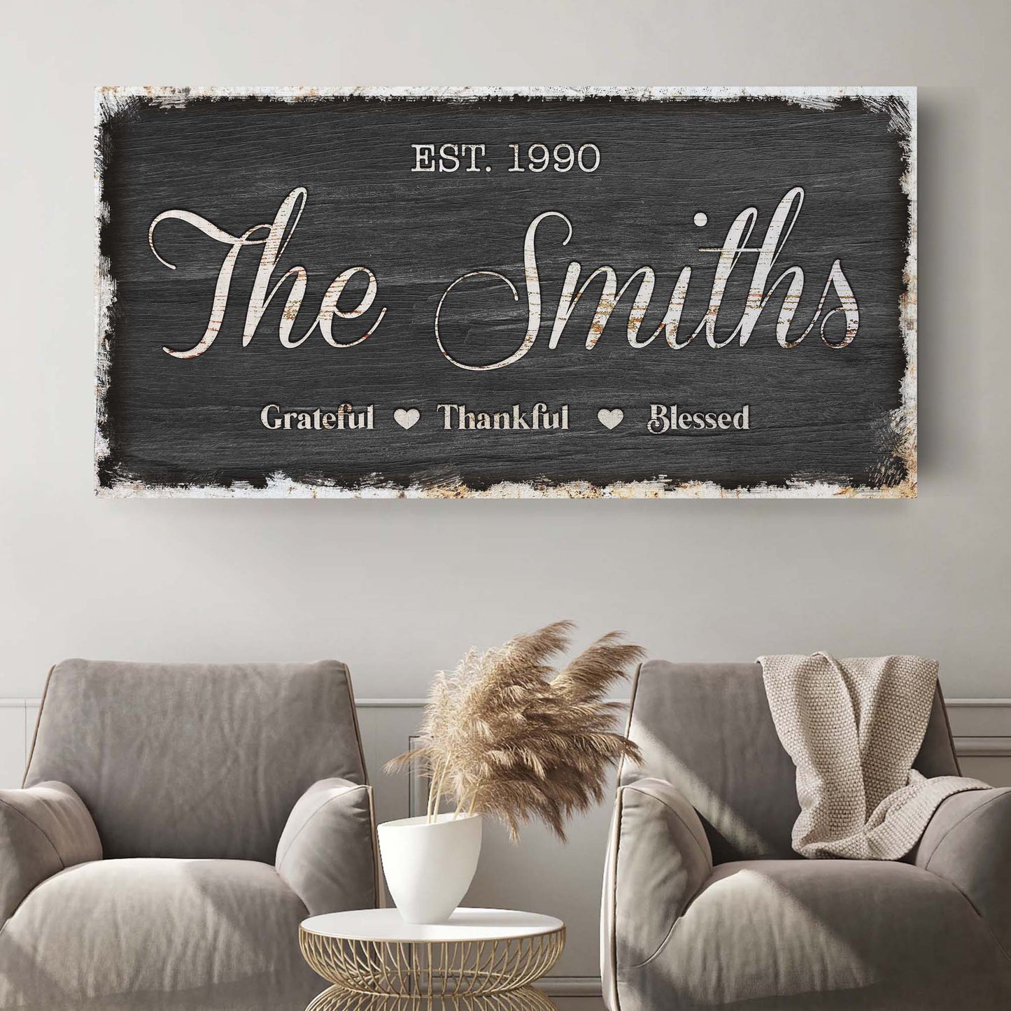 Tailored Canvases Thanksgiving family sign canvas with chalk finish EST 1990 script family name on Tampa Home & Garden Store