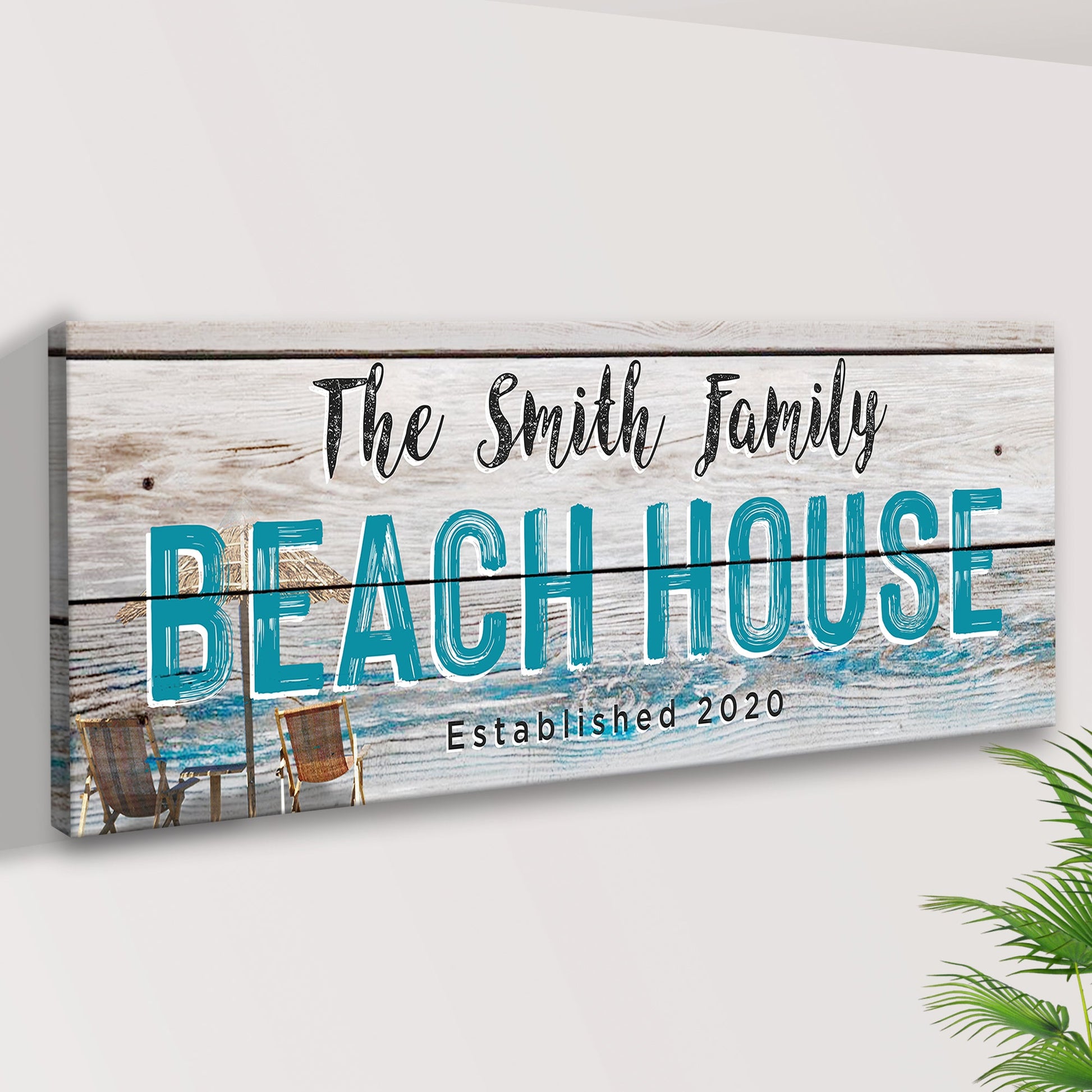Beach House Sign II canvas wall art with weathered wood backdrop and teal BEACH HOUSE lettering The Smith Family header on Tampa Home & Garden Store on Tampa Home & Garden Store