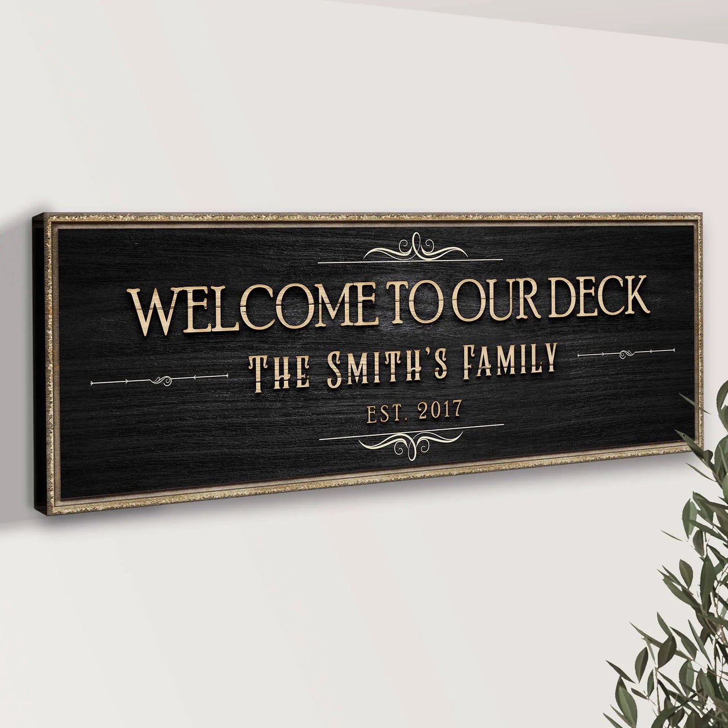Tailored Canvases deck sign canvas, blackboard-face with gold frame, beige text WELCOME TO OUR DECK on Tampa Home & Garden Store