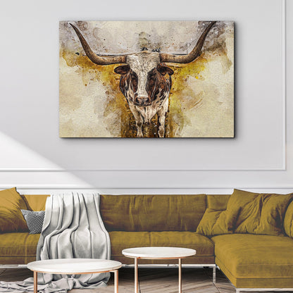 Texas Longhorn watercolor canvas wall art by Tailored Canvases in earthy yellow-brown tones on Tampa Home & Garden Store