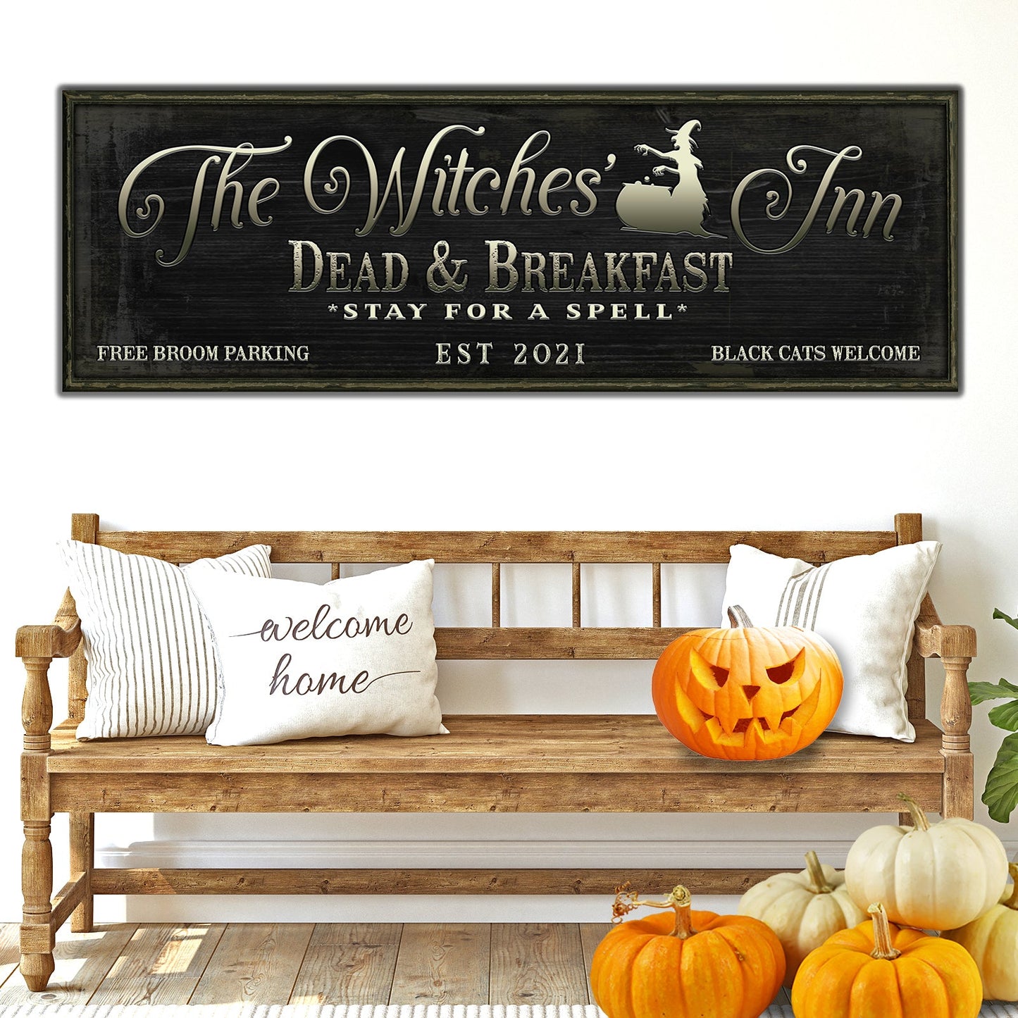 The Witches Inn Sign by Tailored Canvases, rustic black sign with cream lettering and witch on Tampa Home & Garden Store