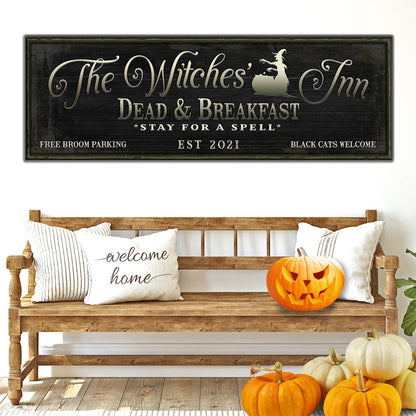 The Witches Inn Sign by Tailored Canvases, rustic black sign with cream lettering and witch on Tampa Home & Garden Store