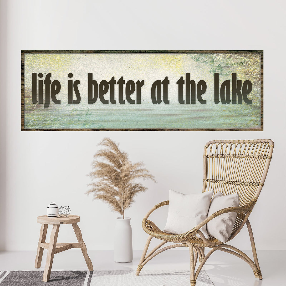 Life Is Better At The Lake Sign canvas by Tailored Canvases, rustic framed lake backdrop on Tampa Home & Garden Store